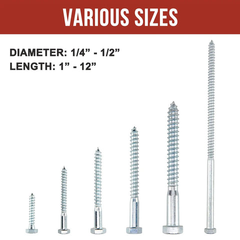 Various sizes of zinc-plated screws showing diameter and length in a product display.