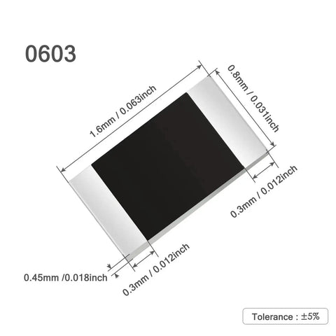 0603 SMD resistor chip with black body and silver end caps; size diagram shows 1.6 × 0.8 × 0.3 mm
