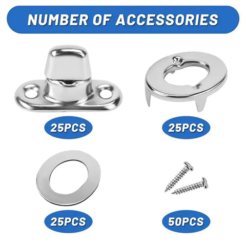 Stainless steel marine-grade twist-lock fasteners for canvas boats; includes turn-button eyelets, locking rings, washers, and screws.