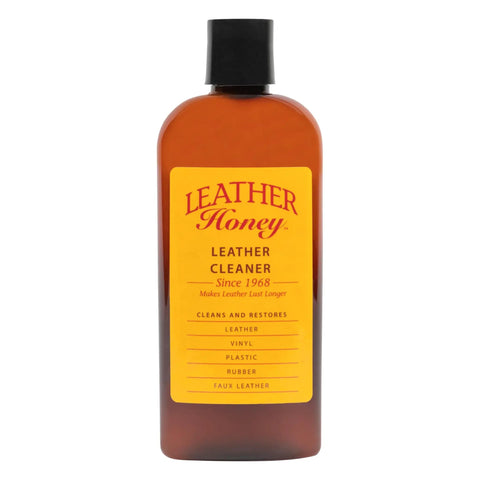 Premium Leather Cleaner For Auto Interiors And Furniture Shoes Bags And Apparel From Leather Honey Brand Non Toxic Fragrance Free Formula EPA Safer Choice 8 Oz bottle side view.