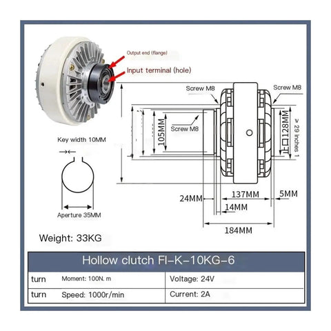 FI-K-10KG hollow clutch with 24V electromagnetic brake; front view diagram showing mounting dimensions.