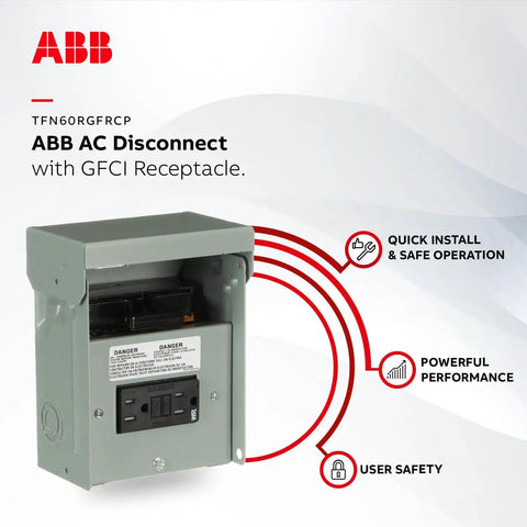 60A 240V AC Pull-Out Disconnect Switch with GFCI Receptacle for Air Conditioner, shown with safety features highlighted.