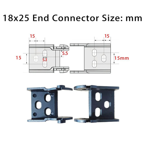 Diagram and photo of 18x25mm end connectors from Open Type Drag Chain Cable Carrier For CNC Router Mill And 3D Printer 39.4 Inch Long R28 Bend Radius Nylon PA66 Material Includes Extra End Connectors 9 Screws And A Handy Screwdriver For Quick Mounting