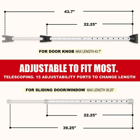 Door Security Bar With Alarm For Enhanced Home Safety adjustable from 22.25 to 43.7 inches, suitable for doors and windows.