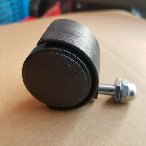 Replacement heater caster wheel, black plastic wheel on a metal bolt with nut and washer