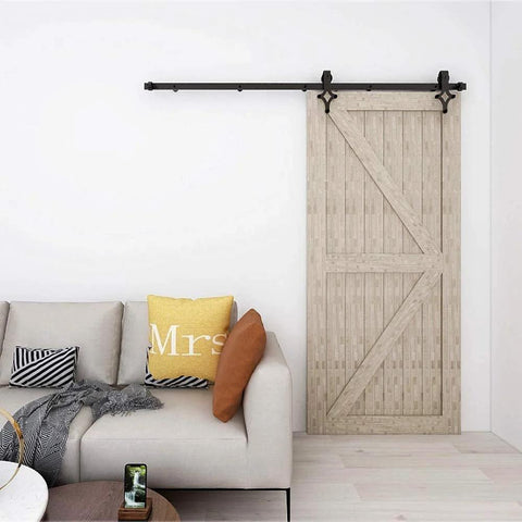 7 Ft Sliding Barn Door Hardware Kit With Floor Guide, Heavy Duty Modern Style, Holds Up To 330 Lbs, 1.875 In Thick Frosted Black Steel Track