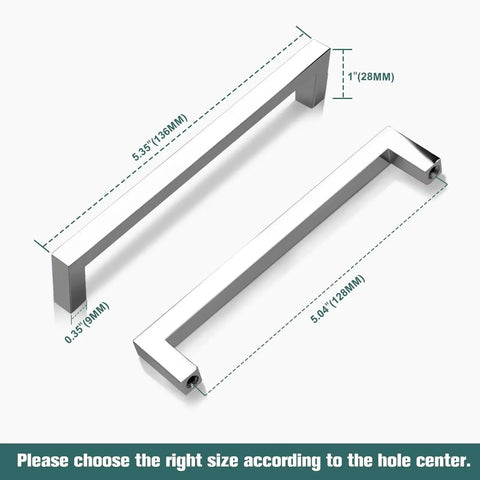 10 Pack Solid Polished Chrome Cabinet Handles 5.4 Inch Overall Length With 5 Inch Hole Center Euro Style Square Bar Pulls