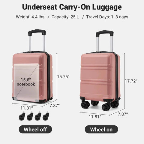 Underseat Carry On Luggage That Fits In Most Airline Seats And Overhead Bins, 15 Inch Anti Scratch PC ABS Hardshell with wheels