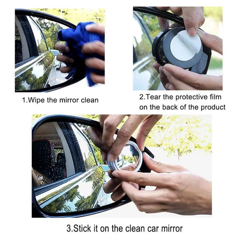 Installation steps for 2 Pack Blind Spot Mirrors With 360 Degree Rotation High Definition HD Glass Adjustable Convex Side View Stick On Mirrors For Universal Cars Black Waterproof HD Glass With Easy Adhesive Mount.