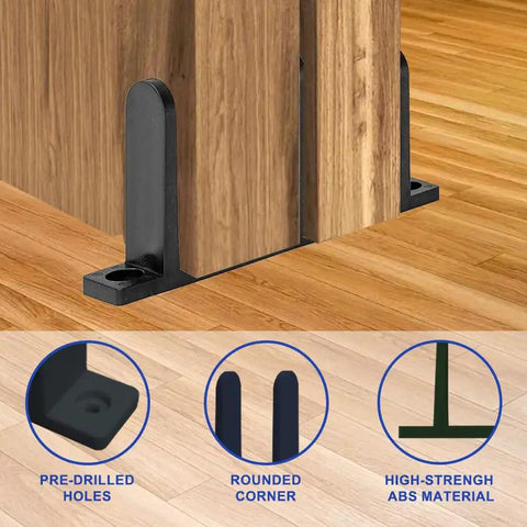 Durable ABS Sliding Closet Door Floor Guide For One And Three Eighths Inch Thick Doors, black cabinet guides installed on wood floor