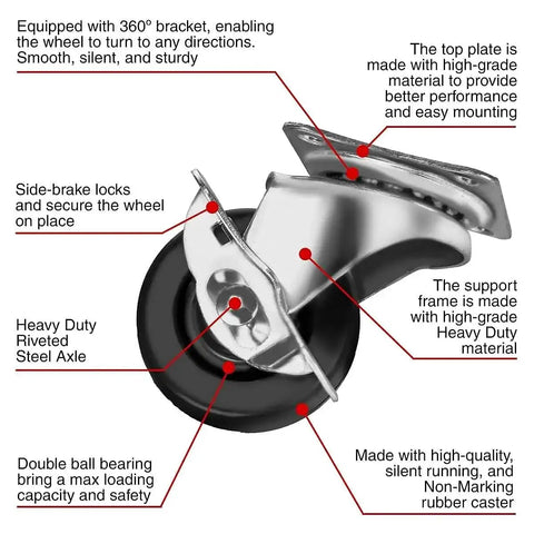 Illustration of 12 Pack 2-Inch Swivel Casters With Brakes For Cart Or Equipment, Hard Rubber Wheels, showing braking mechanism and double ball bearings.