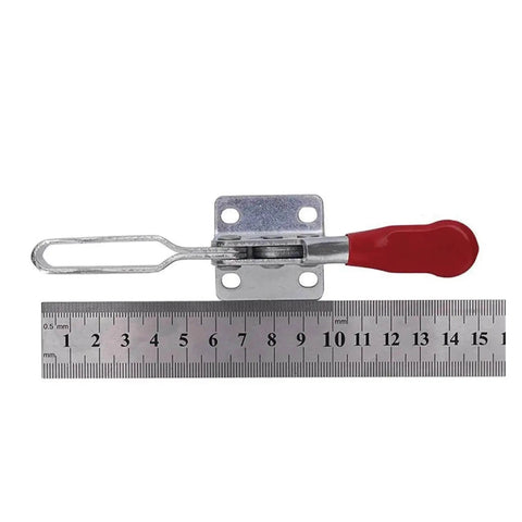 Heavy Duty Quick Release Toggle Clamp 90kg Iron Horizontal Workholding Clamp with red handle and ruler for scale comparison