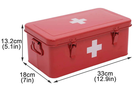 Red Rock Solid Metal First Aid Box With Safety Lock, durable steel material, 4 compartments, moisture dust resistant, dimensions shown.