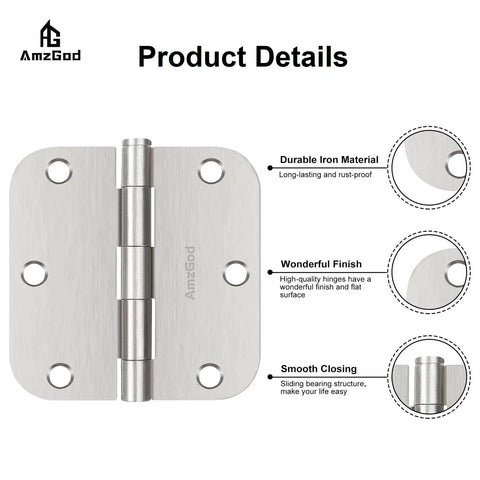 Brushed Nickel Door Hinges 3-Pack 3.5 Inch Interior Hinges 5/8" Radius Rounded Corners with Screws product details