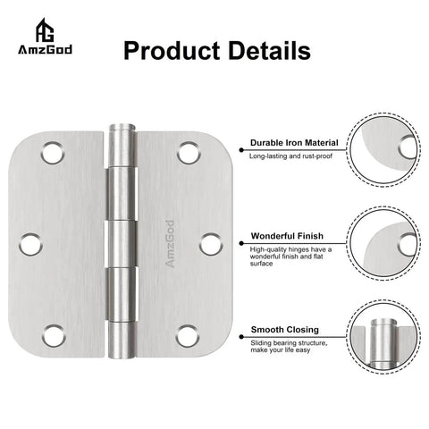 Brushed Nickel Door Hinges 30 Pack For Interior Doors, Three And A Half Inch Hinges With Five Eighth Inch Radius, Six Holes, Includes Two Hundred Ten Screws