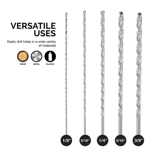 Extra Long Drill Bit Set For Deep Holes With 12 Inch Reach, M2 HSS Steel Bits, Five Piece Set Including One Eighth Inch, Three Sixteenths Inch, One Quarter Inch, Five Sixteenths Inch, And Three Eighths Inch, Durable Heat Treated By Neiko shown with various sizes for wood, metal, plastic