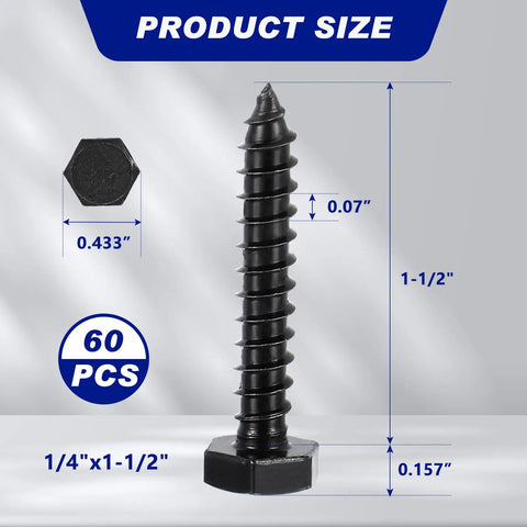 60 Pack One Quarter Inch By One And A Half Inch Hex Head Lag Screws For Wood 304 Stainless Steel Black Finish Hex Head Bolts