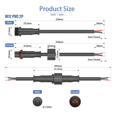 Diagram of M12 2 Pin Waterproof Connector Set Heavy Duty For LED Strip Lights 22 AWG with 25 Cm Extension Cables, IP65 rated