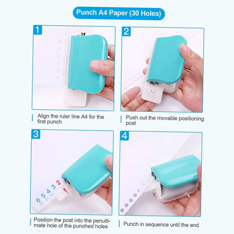 Instruction steps for Handy 6 Hole Puncher For A4 A5 B5 Notebooks And Scrapbooks, demonstrating paper alignment and punching process