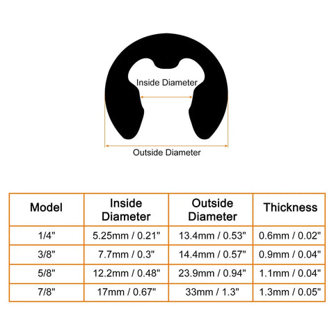Diagram showing dimensions of 50 Pack External Retaining Rings 5.25mm One Quarter Inch 65Mn Carbon Steel E Clip Circlip Snap Rings.