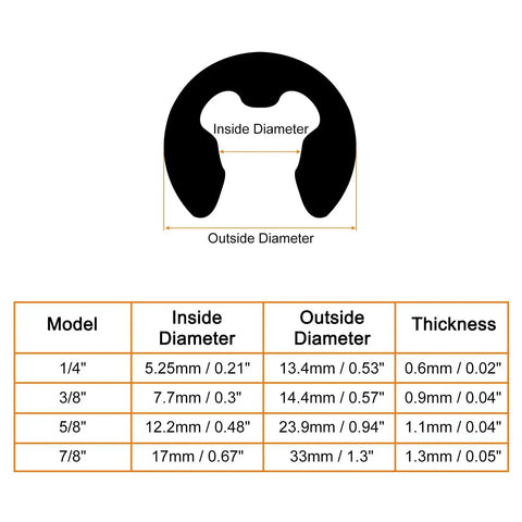 External Retaining Rings diagram with dimensions table for 5.25mm E Clip Snap Rings set, detailing sizes and measurements.