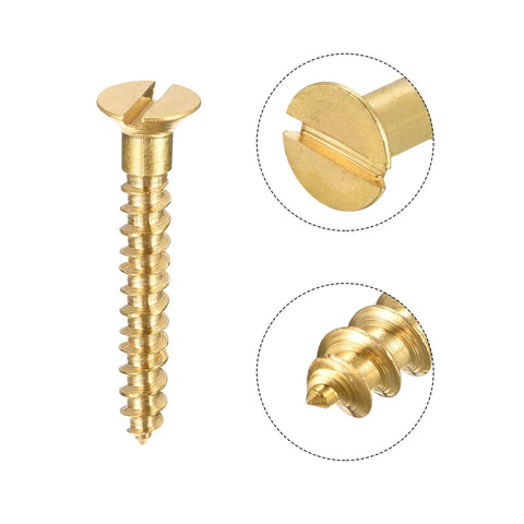 Close-up of Brass Wood Screws M3 x 20mm Slotted Flat Head Self-Tapping Fasteners for DIY Projects and Woodworking, durable design.