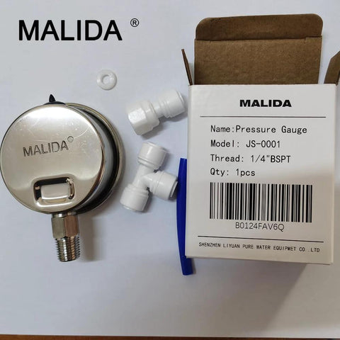 Malida stainless water pressure gauge with 1/4 BSPT thread, metal housing and white adapters, box visible