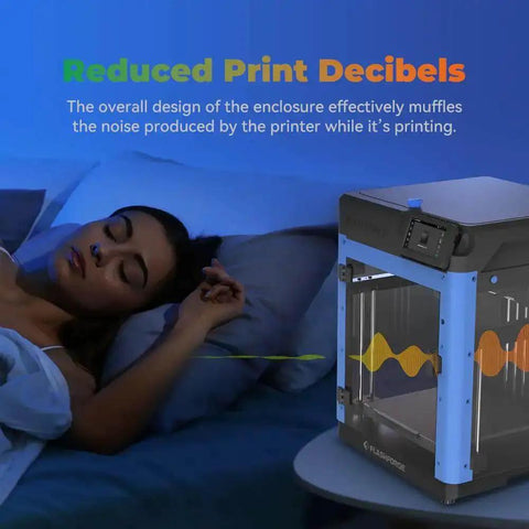 Sleeping woman beside AD5M 3D Printer Enclosure Dustproof Protective Cover With Constant Temperature Quiet Printing And Customizable Exterior.