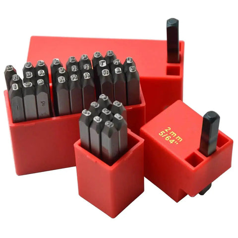 36 Piece Heavy Duty Steel Stamp Set With Uppercase Letters And Numbers 2mm Punch Kit in red case for hand stamping jewelry making.