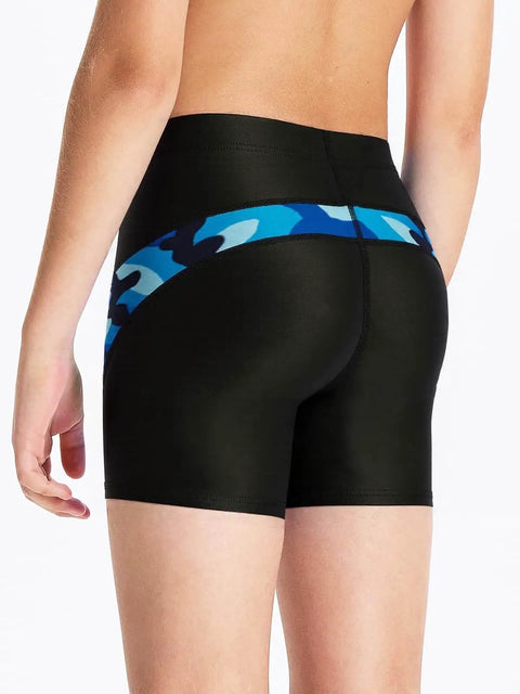 Back view of Youth Boys Swim Shorts Square Leg Quick Dry Nylon Swimsuit With UPF 50 Plus Sun Protection, Boxer Brief Style in Black and Wave.