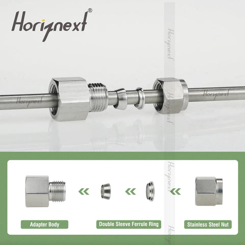 Horiznext stainless steel 304 straight compression fitting front view for 3/8 in O.D. tube to 3/8 in NPT female, 2 pcs