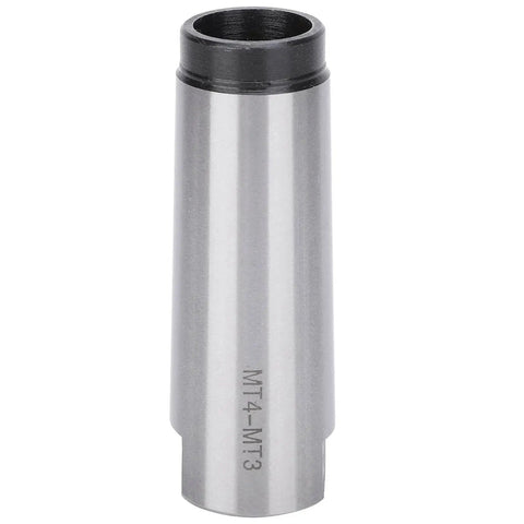 Front view of MT4-MT3 Morse taper drill sleeve reducing adapter, high-speed steel, silver with black top