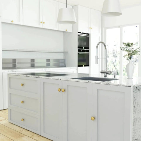 Six Pack Gold Dresser Knobs For Drawers And Cabinets Hardware Pulls In Brushed Brass Vintage Luxury Finish installed on white kitchen cabinets.