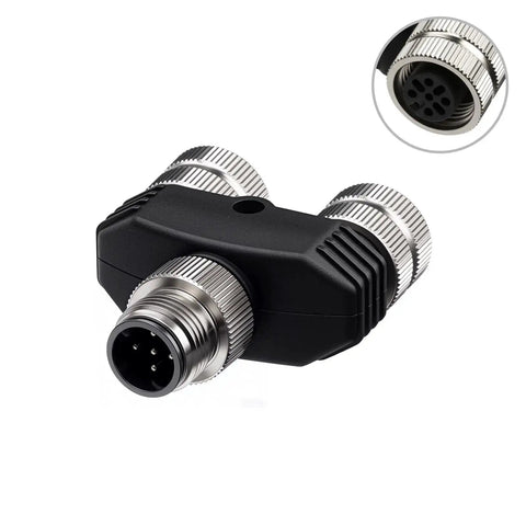 M12 5 Pin Male To 2x M12 5 Pin Female Y Type Circular Connector 12mm sensor power supply IP67 waterproof, close-up view