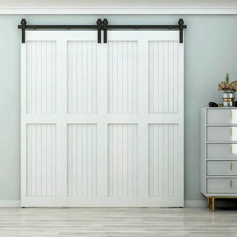 Installed Heavy Duty Bi Folding Barn Door Hardware Kit For Double Doors, Smooth And Quiet Sliding Track System In Matte Black