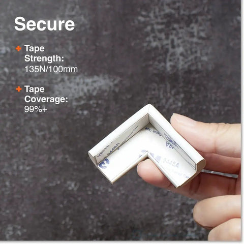 Close-up of Slimfit Corner Edge Protector showing 3M adhesive and secure fit, ideal for baby proofing furniture edges, oyster white.