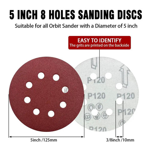 Five Inch 8 Hole Hook And Loop Sanding Discs Mixed Grits For Orbital Sander, showing front and back view with grit labels.