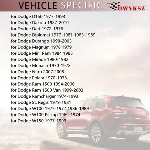 List of Dodge vehicle models with years next to a red SUV with cloudy sky background.