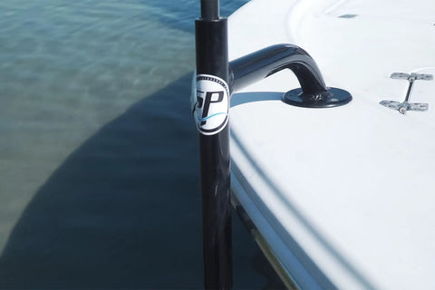 Heavy-Duty Bow Mount Anchor For Shallow Water Deployment, Marine-Grade Aluminum Deck Mount With Black Powder Coat installed on boat deck.