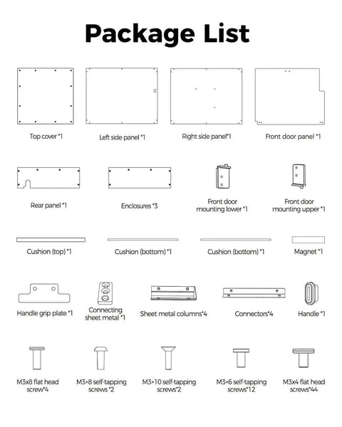 Package list for K1 SE Enclosure Pro Grade 360 Degree View With Constant Temperature for 3D Printing, showing components and screws.