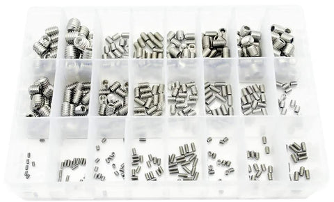 480 Piece SAE Internal Hex Drive Cup Point Screws Assortment Kit With 24 Sizes In 304 Stainless Steel Hex Allen Head Socket Set Grub Screws Bolts For Auto Shop Marine And DIY Projects.