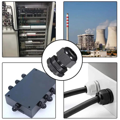Collage featuring PG11 Waterproof Nylon Cable Gland with Adjustable Locknut, industrial settings, junction boxes, and cable installation.