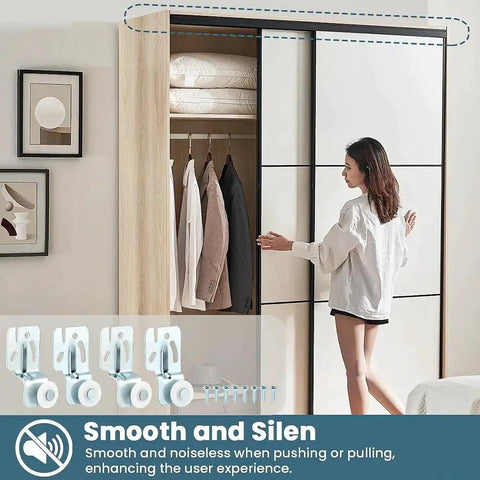 Sliding Door Hardware Wardrobe Roller Kit With Four Wheels For Top Hung Bypass Doors For Kitchen And Pantry installed on wardrobe