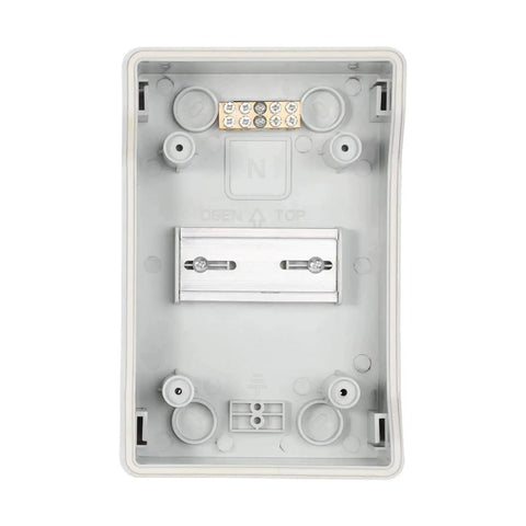 Interior view of Four Way Power Distribution Box with bus bars and DIN rail for MCB, IP66 waterproof enclosure, rugged PC ABS case.