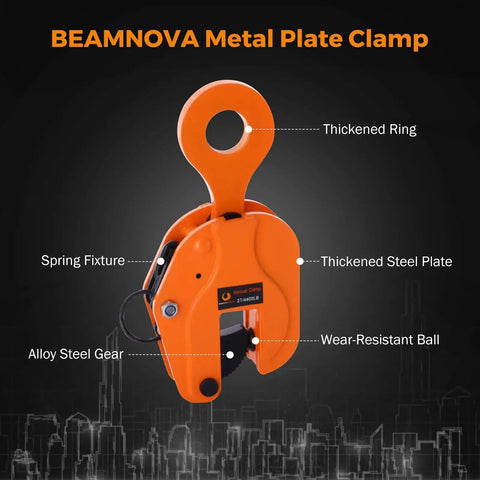 Vertical Plate Lifting Clamp 2 Ton 4400 Lbs for Sheet Metal Heavy Duty Lift with alloy steel gear, shown from side view