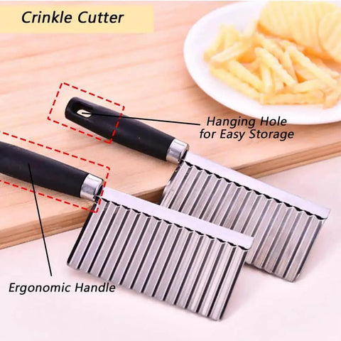 Crinkle Cutter Knife For Fun Kitchen Creations, Stainless Steel Wave Slicer with ergonomic black handle and hanging hole, shown with sliced potatoes on plate.