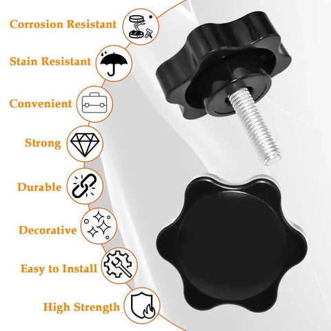 M6 20mm Star Hand Knobs Set Black Plastic Hex Clamping For Umbrella Bases, close-up of top and side view with features.