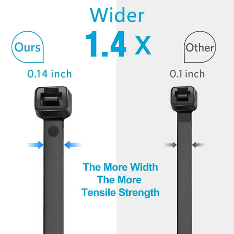 Comparison of 10 Inch Black Cable Ties 100 Pack Heavy Duty 45Lb Tensile Strength UV Resistant Nylon 0.14 inch vs 0.1 inch width