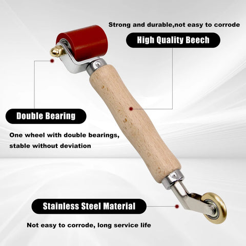 Tylulikaty 40mm silicone seam roller with wooden handle and brass penny roller, stainless steel construction.