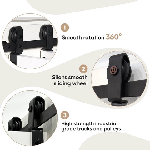 Close-up details of sliding hardware for Bi Fold Sliding Barn Door Kit With 72 Inch Width And 84 Inch Height, 10 Lite Tempered Frosted Glass Panels